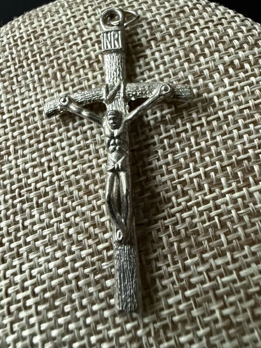 Vintage Silver Tone Cross Pendant INRI Religious Crucifix Minimalist Modernist